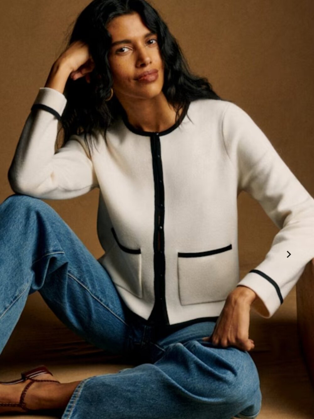 Sezane Cream White Cardigan with Black Trim - Small